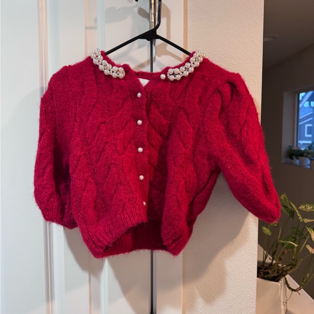 Pearl-Trim Cable Knit Cardigan - Red